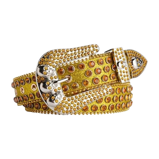 Rhinestone Skull Buckle Gold Strap With Gold Studded Belt