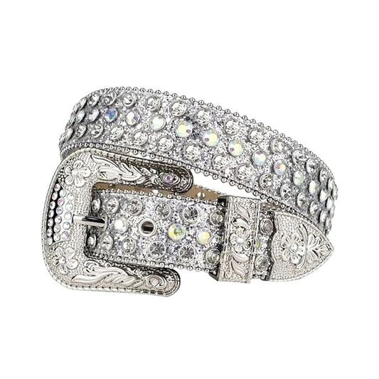 Engraved Buckle Silver Strap With Crystal Studded Rhinestone Belt