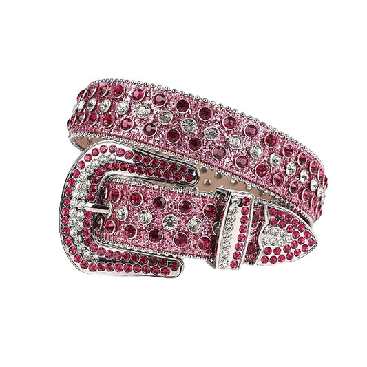 Shiny Pink Strap With Pink & Crystal Studded Rhinestone Belt - A vibrant hot pink belt featuring pink studded rhinestones, perfect as a pink rhinestone belt and shiny belt for any outfit.