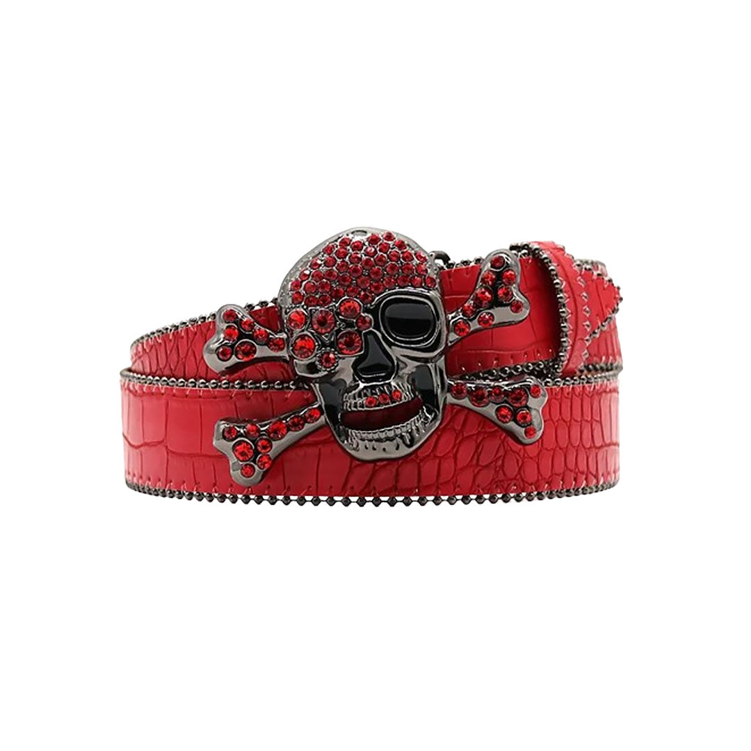 Metal Skull Buckle Red Strap Belt