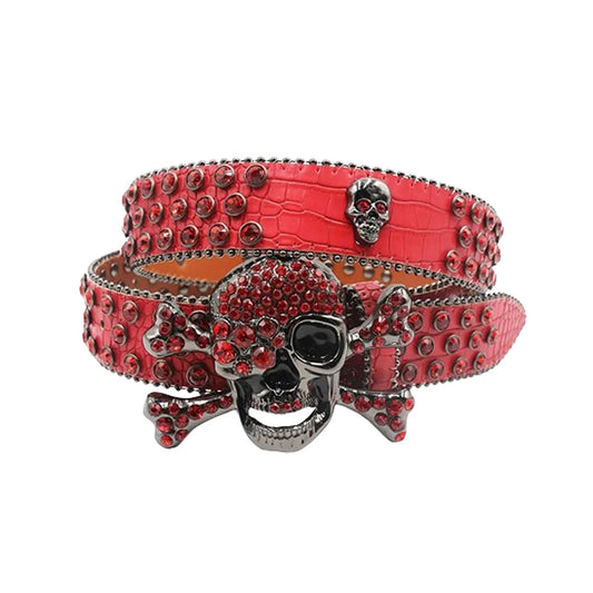 Rhinestone Metal Skull Buckle Red Strap With Red Studded Belt