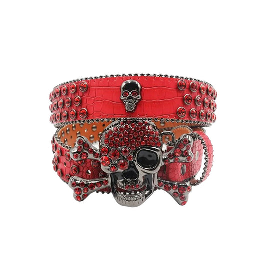 Rhinestone Metal Skull Buckle Red Strap With Red Studded Belt