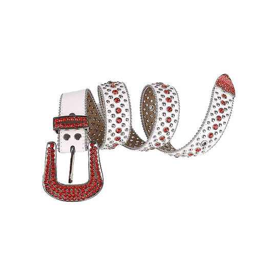 White Strap With Red & Metal Studded Rhinestone Belt