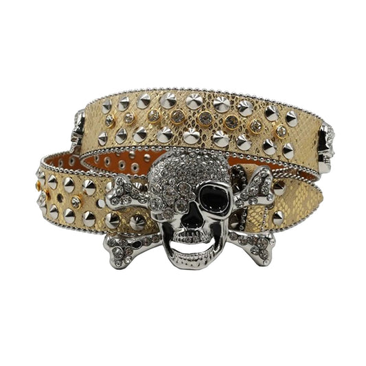 Rhinestone Metal Skull Buckle Gold Strap With Crystal Studded Belt