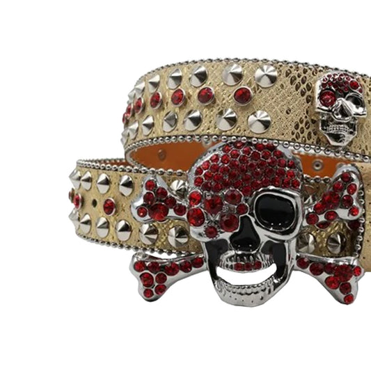 Rhinestone Metal Skull Buckle Gold Strap With Red Studded Belt