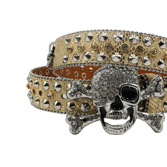 Rhinestone Metal Skull Buckle Gold Strap With Crystal Studded Belt