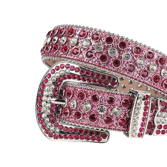 Shiny Pink Strap With Pink & Crystal Studded Rhinestone Belt - A vibrant hot pink belt featuring pink studded rhinestones, perfect as a pink rhinestone belt and shiny belt for any outfit.