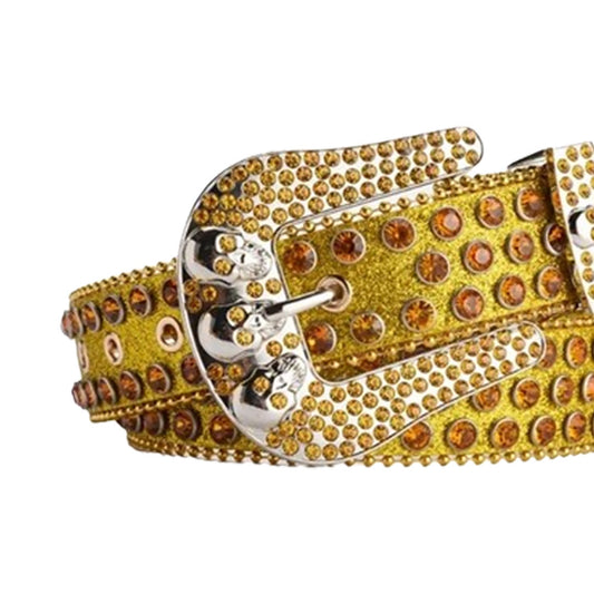 Rhinestone Skull Buckle Gold Strap With Gold Studded Belt