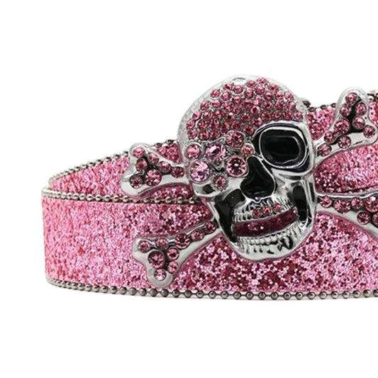 Metal Skull Buckle Shiny Pink Strap Belt