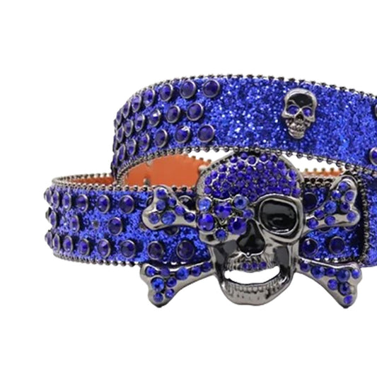 Rhinestone Metal Skull Buckle Blue Strap With Blue Studded Belt