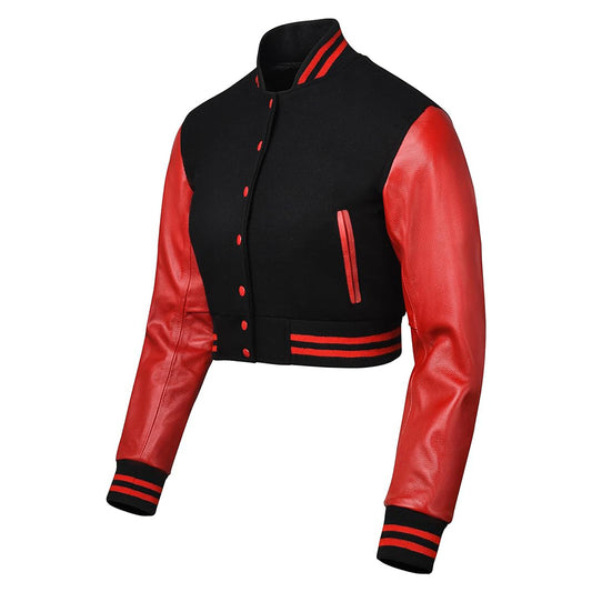 Women's Baseball Red Cropped Slim Fit Varsity Jacket