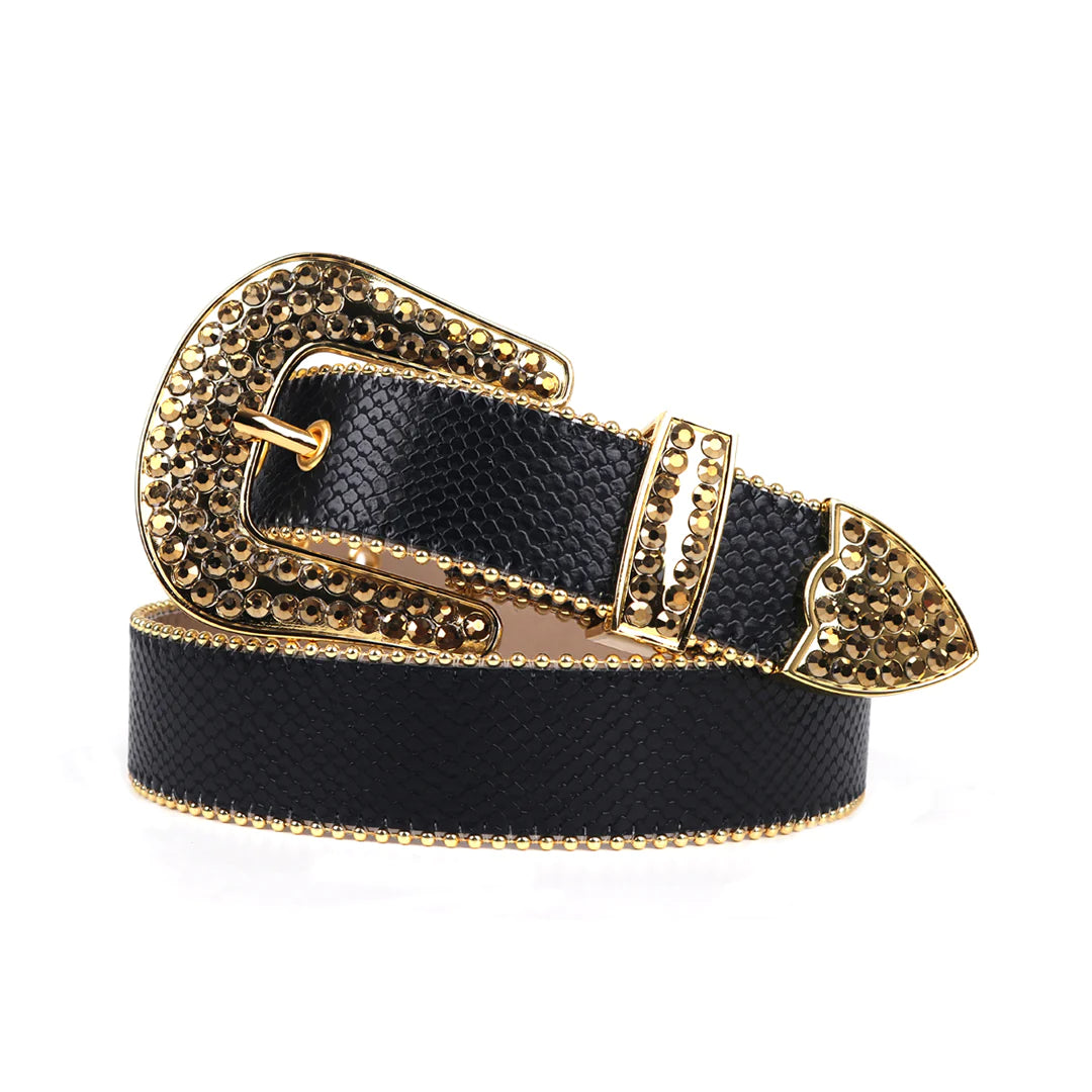 Black Strap With Gold Studded Rhinestone Belt