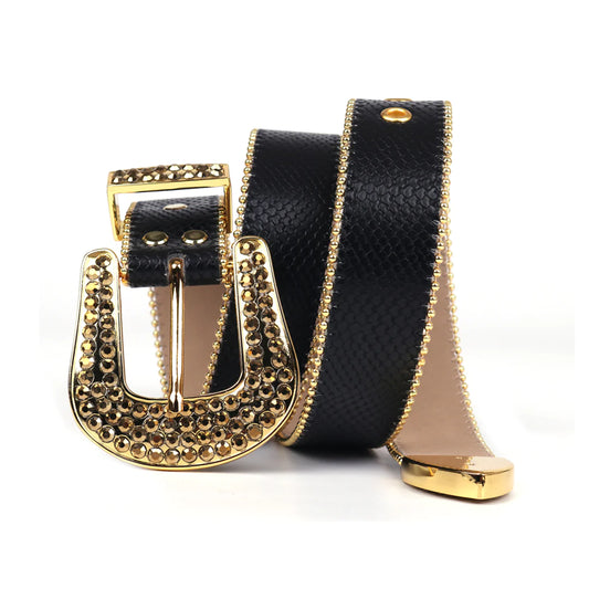 Black Strap With Gold Studded Rhinestone Belt