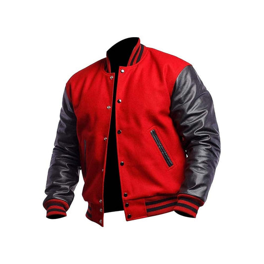 Men's Baseball Leather Sleeve Red Varsity Jacket
