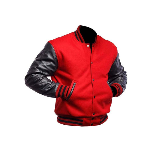 Men's Baseball Leather Sleeve Red Varsity Jacket