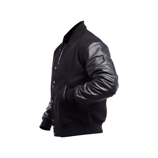 Men's Baseball Leather Sleeve Black Varsity Jacket