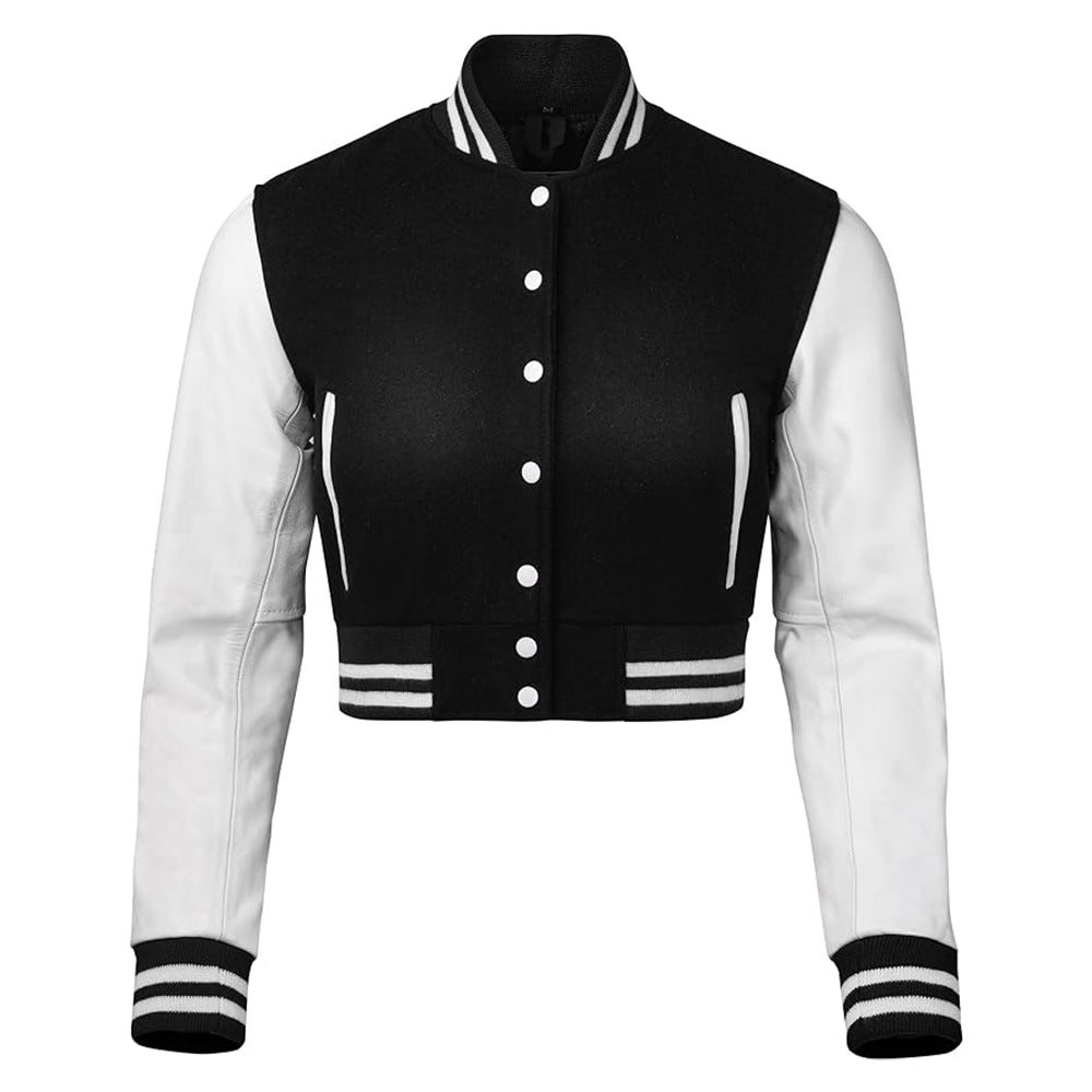 Women's Baseball White Cropped Slim Fit Varsity Jacket