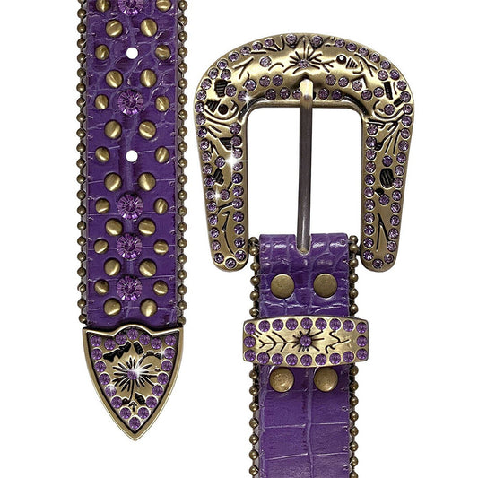 Engraved Buckle Western Purple Strap With Purple Studded Rhinestone Belt