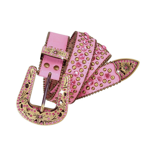 Engraved Buckle Western Pink Strap With Pink Studded Rhinestone Belt - A shiny, hot pink belt with intricate engravings and pink studded rhinestones, perfect as a stylish pink rhinestone belt