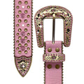 Engraved Buckle Western Pink Strap With Pink Studded Rhinestone Belt - A shiny, hot pink belt with intricate engravings and pink studded rhinestones, perfect as a stylish pink rhinestone belt