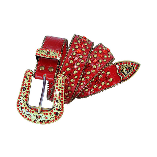 Engraved Buckle Western Red Strap With Red Studded Rhinestone Belt