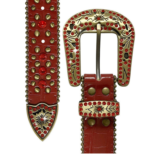 Engraved Buckle Western Red Strap With Red Studded Rhinestone Belt