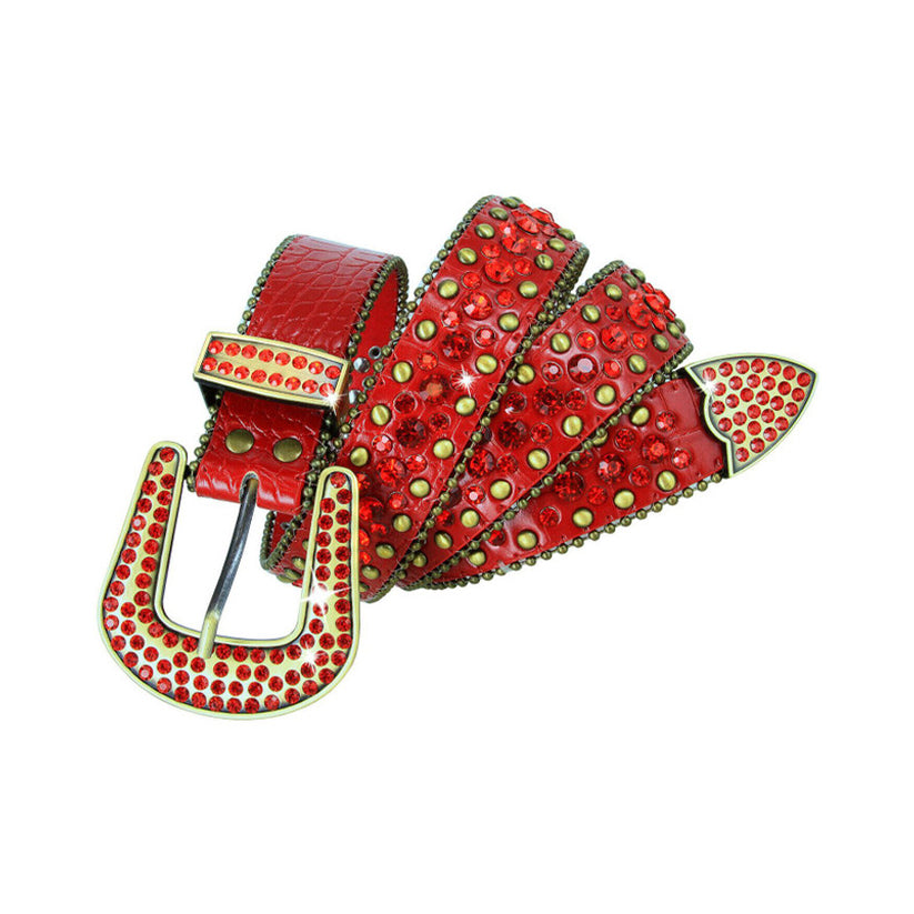 Western Red Strap With Red & Metal Studded Rhinestone Belt