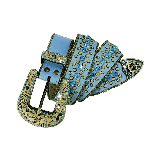 Engraved Buckle Western Blue Strap With Blue Studded Rhinestone Belt