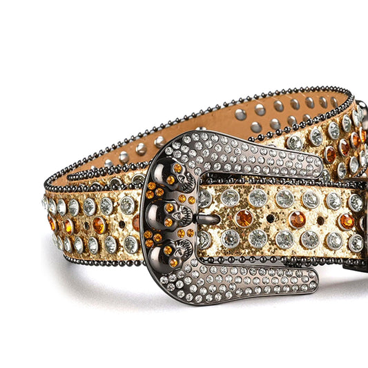 Rhinestone Skull Buckle Gold Strap With Gold & Crystal Studded Belt