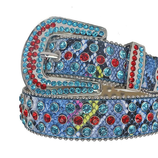 Rhinestone Red and Blue Belt With Snake Texture Strap