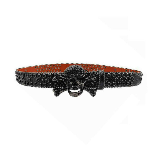 Rhinestone Metal Skull Buckle Black Strap With Black Studded Belt