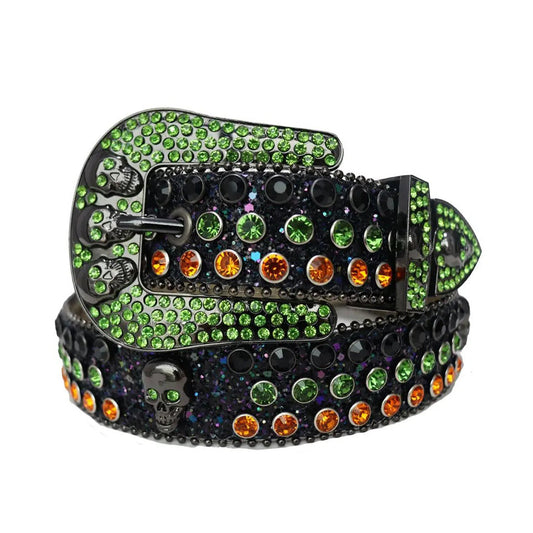 Rhinestone Green and Orange Belt With Black Glitter Strap and Skull Buckles