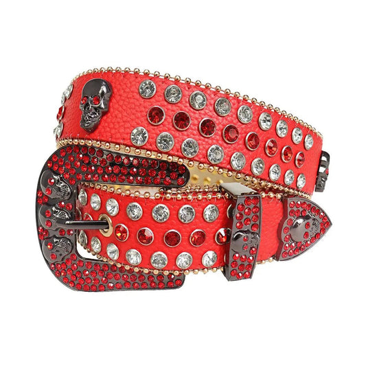 Rhinestone Red And Diamond Belt With Red Strap and Skull Buckles