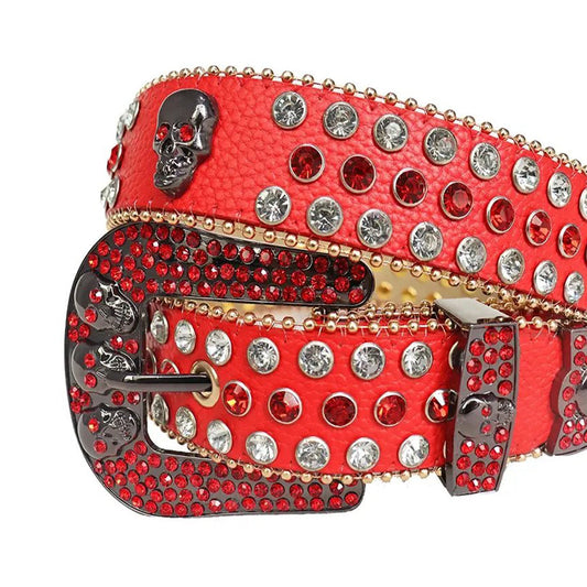 Rhinestone Red And Diamond Belt With Red Strap and Skull Buckles