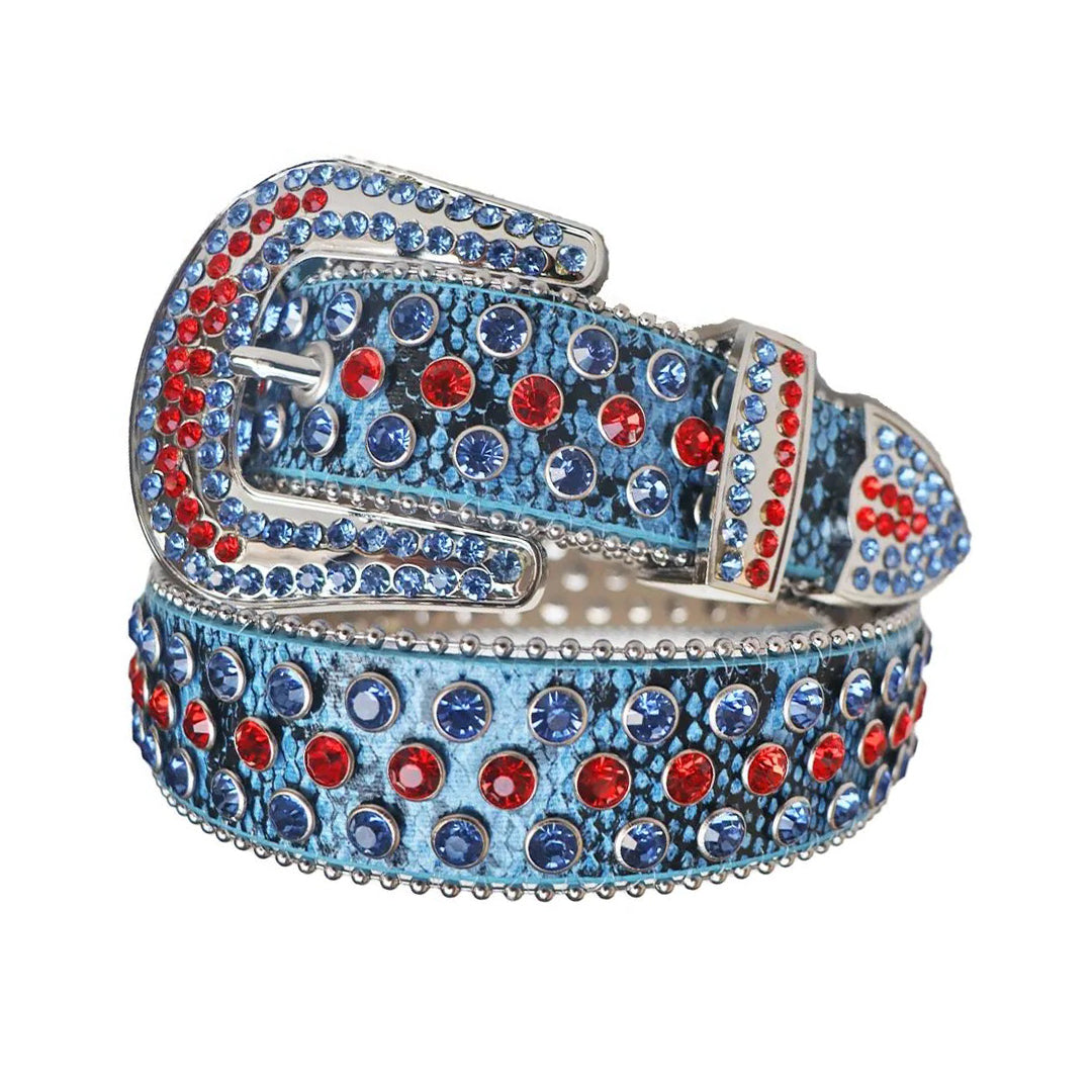 Rhinestone Red And Blue Belt With Blue Textured strap