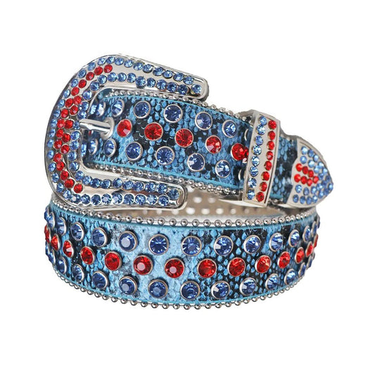 Rhinestone Red And Blue Belt With Blue Textured strap