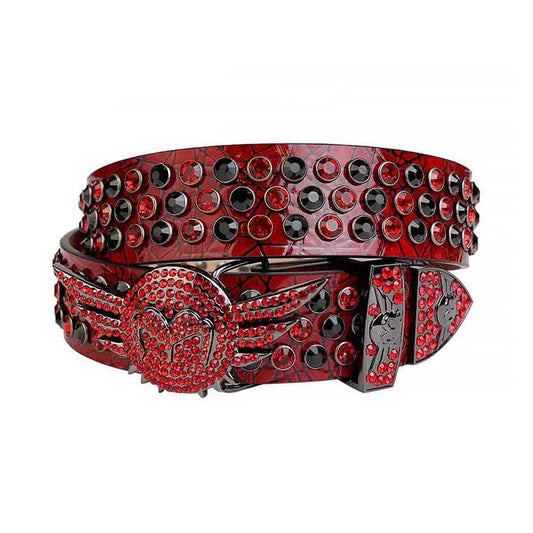 Rhinestone Angel Wings Buckle Red Strap With Red & Black Studded Belt