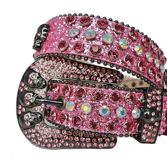 Rhinestone Diamond And Pink Belt With Pink Glitter Strap and Skull Buckles