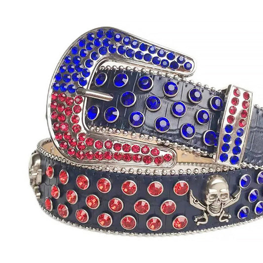 Rhinestone Red And Blue and Skull Stud Belt With Black Textured strap