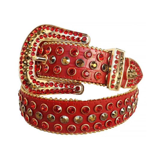 Rhinestone Red And Gold Belt With Red Textured Strap