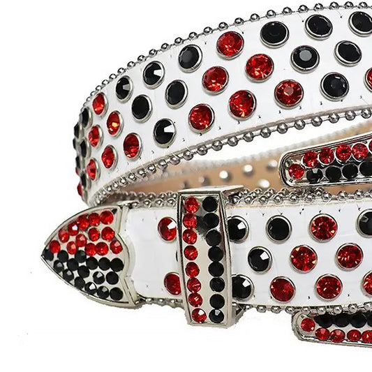Rhinestone Black And Red Belt With White Textured Strap