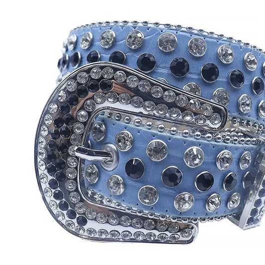 Rhinestone Diamond And Black Belt With Blue Textured Strap