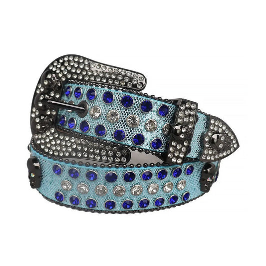 Rhinestone Blue And Clear and Skull Stud Belt With Sky strap