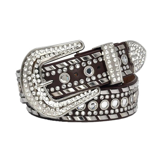 Rhinestone Diamond and Silver Studs Belt With D/Brown Strap