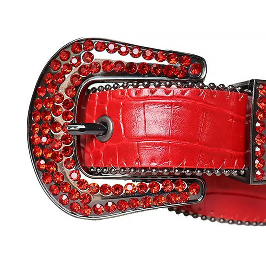 Rhinestone Red Belt With Red Textured Strap Black Buckle