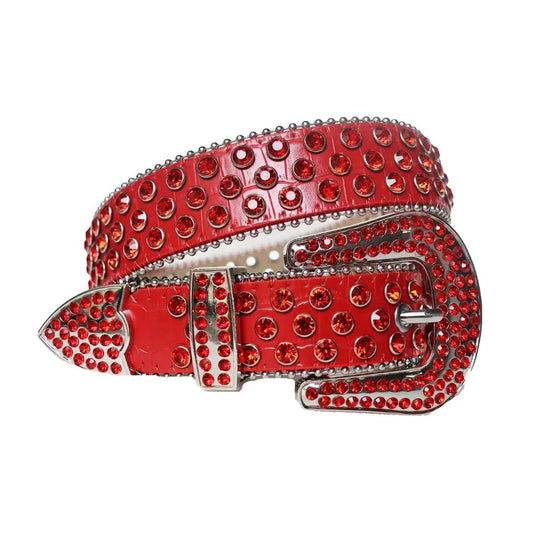 Rhinestone Red Belt With Red Textured Strap Silver Buckle