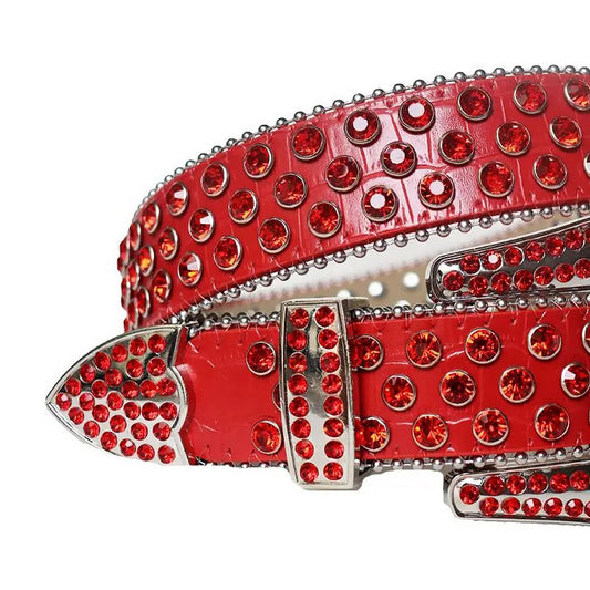 Rhinestone Red Belt With Red Textured Strap Silver Buckle