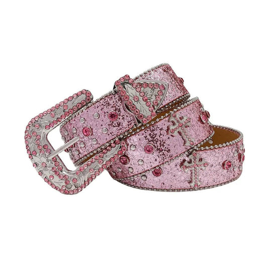 Rhinestone Pink And Silver Studs Belt With Pink Strap