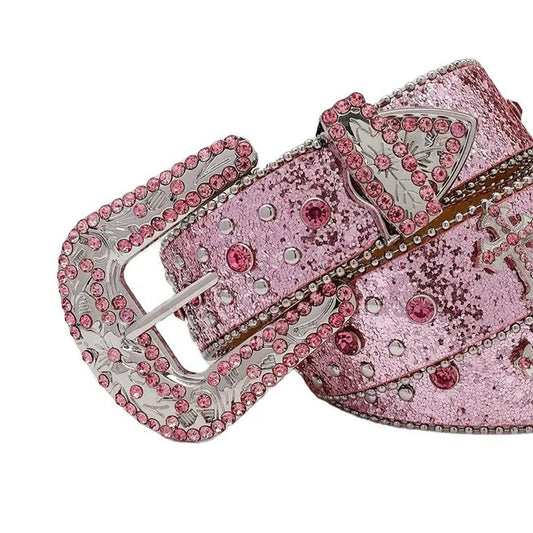 Rhinestone Pink And Silver Studs Belt With Pink Strap