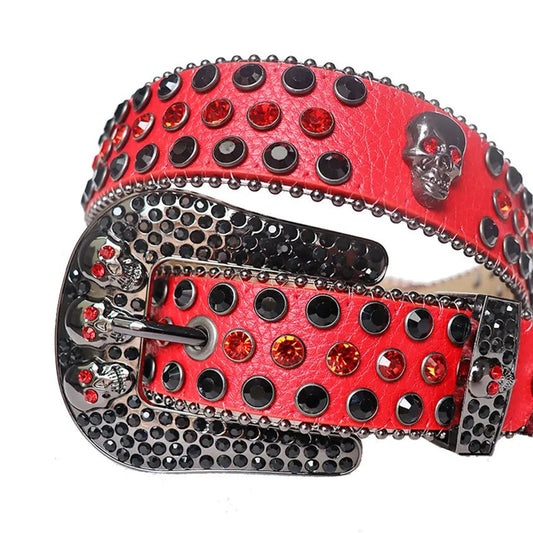 Rhinestone Black and Red Belt With Red Strap and Skull Buckles